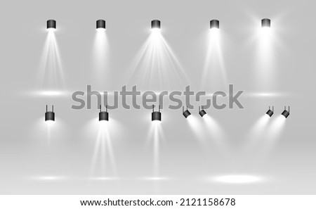 Collection of stage lighting, catwalk or platform, transparent effects. Bright lighting with spotlights. Light effect. Projector.