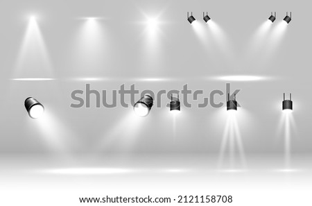 Collection of stage lighting, catwalk or platform, transparent effects. Bright lighting with spotlights. Light effect. Projector.