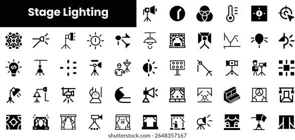 A collection of stage lighting icons showcasing various types of lamps, backdrops, and controls, perfect for lighting designers and stage technicians.