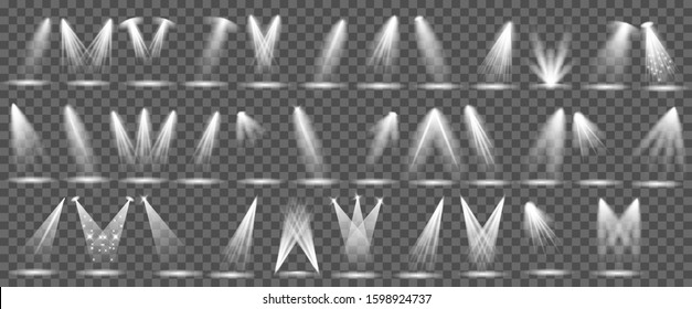 A collection of stage lighting. Large set Bright lighting with spotlights. Spot lighting the scene. Light effect.