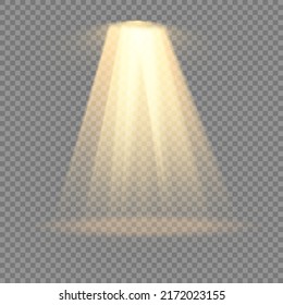 Collection of stage lighting spotlight, bright yellow lighting with spotlights, scene, golden spot light on transparent background, stage lighting large collection, projector light effects, vector.