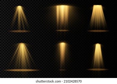 Collection of stage lighting spotlight, projector light effects, bright yellow lighting with spotlights, scene, stage lighting large collection, spot light isolated on transparent background, vector.