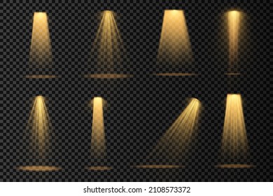 Collection of stage lighting spotlight, scene, stage lighting large collection, bright yellow lighting with spotlights, projector light effects, spot light isolated on transparent background, vector.