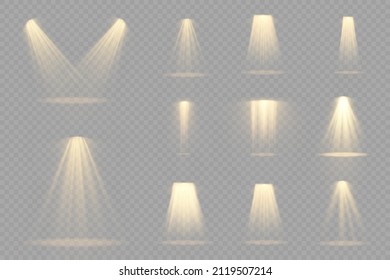 Collection of stage lighting spotlight, scene, stage lighting large collection, projector light effects, bright yellow lighting with spotlights, spot light isolated on transparent background, vector.