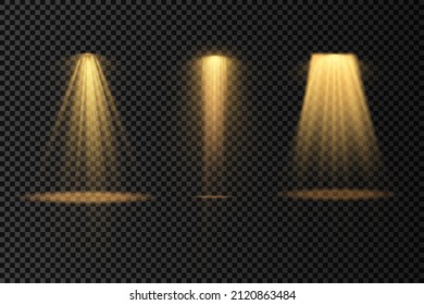 Colección de foco de iluminación escénica, escena, iluminación escénica gran colección, efectos de luz del proyector, iluminación amarillo brillante con focos, luz spot aislada sobre fondo transparente, vector.