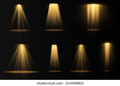Collection of stage lighting spotlight, scene, stage lighting large collection, projector light effects, bright yellow lighting with spotlights, spot light isolated on transparent background, vector.