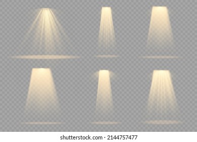 Collection of stage lighting spotlight, scene, stage lighting large collection, projector light effects, bright yellow lighting with spotlights, spot light isolated on transparent background, vector.