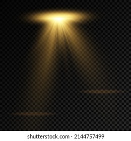 Collection of stage lighting spotlight, scene, stage lighting large collection, projector light effects, bright yellow lighting with spotlights, spot light isolated on transparent background, vector.