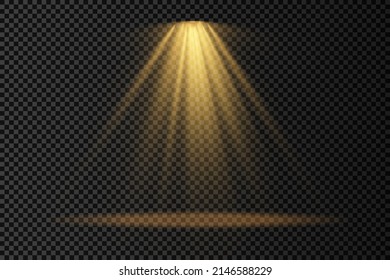 Collection of stage lighting spotlight, scene, stage lighting large collection, projector light effects, bright yellow lighting with spotlights, spot light isolated on transparent background, vector.