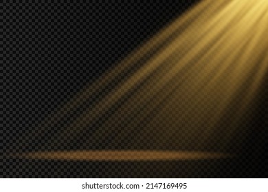 Colección de foco de iluminación escénica, escena, iluminación escénica gran colección, efectos de luz del proyector, iluminación amarillo brillante con focos, luz spot aislada sobre fondo transparente, vector.