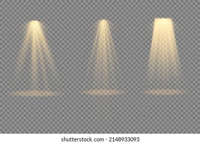 Collection of stage lighting spotlight, scene, stage lighting large collection, projector light effects, bright yellow lighting with spotlights, spot light isolated on transparent background, vector.