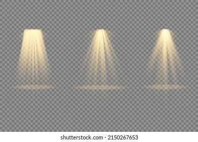 Collection of stage lighting spotlight, scene, stage lighting large collection, projector light effects, bright yellow lighting with spotlights, spot light isolated on transparent background, vector.