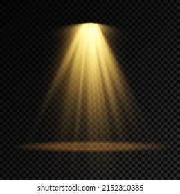 Collection of stage lighting spotlight, scene, stage lighting large collection, projector light effects, bright yellow lighting with spotlights, spot light isolated on transparent background, vector.