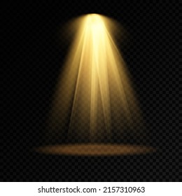 Collection of stage lighting spotlight, scene, stage lighting large collection, projector light effects, bright yellow lighting with spotlights, spot light isolated on transparent background, vector.