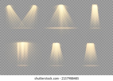 Collection of stage lighting spotlight, scene, stage lighting large collection, projector light effects, bright yellow lighting with spotlights, spot light isolated on transparent background, vector.