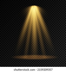 Collection of stage lighting spotlight, scene, stage lighting large collection, projector light effects, bright yellow lighting with spotlights, spot light isolated on transparent background, vector.