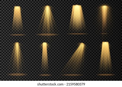 Colección de foco de iluminación escénica, escena, iluminación escénica gran colección, efectos de luz del proyector, iluminación amarillo brillante con focos, luz spot aislada sobre fondo transparente, vector.