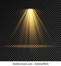 Collection of stage lighting spotlight, scene, stage lighting large collection, projector light effects, bright yellow lighting with spotlights, spot light isolated on transparent background, vector.