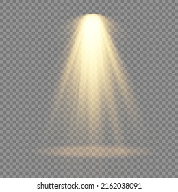Collection of stage lighting spotlight, scene, stage lighting large collection, projector light effects, bright yellow lighting with spotlights, spot light isolated on transparent background, vector.