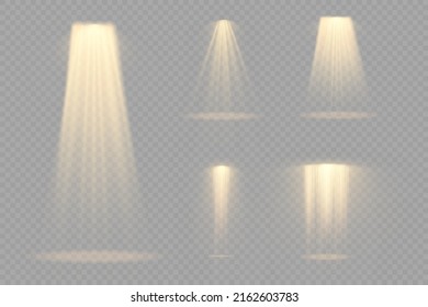 Collection of stage lighting spotlight, scene, stage lighting large collection, projector light effects, bright yellow lighting with spotlights, golden spot light on transparent background, vector.