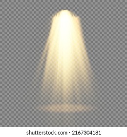 Colección de foco de iluminación escénica, escena, iluminación escénica gran colección, efectos de luz del proyector, iluminación amarillo brillante con focos, luz spot dorada sobre fondo transparente, vector.
