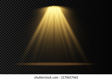 Collection of stage lighting spotlight, scene, stage lighting large collection, projector light effects, bright yellow lighting with spotlights, golden spot light on transparent background, vector.