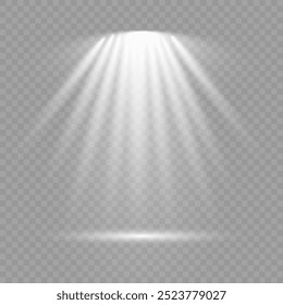 Collection of stage lighting spotlight, scene, stage lighting large collection, projector light effects, bright white lighting with spotlights, spot light isolated on transparent background, vector.
