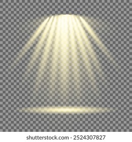 Collection of stage lighting spotlight, scene, stage lighting large collection, projector light effects, bright yellow lighting with spotlights, spot light isolated on transparent background, vector.