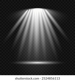 Colección del proyector de la iluminación de la etapa, escena, colección Grande de la iluminación de la etapa, efectos de la luz del proyector, luz blanca brillante con los proyectores, luz del punto aislada en fondo transparente, Vector.
