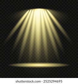 Colección de la colección Grande, efectos de la luz del proyector,  amarilla brillante con los proyectores, luz del punto aislada en el fondo transparente, Vector.