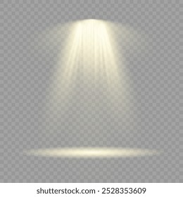 Collection of stage lighting spotlight, scene, stage lighting large collection, projector light effects, bright yellow lighting with spotlights, spot light isolated on transparent background, vector.