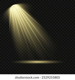 Collection of stage lighting spotlight, scene, stage lighting large collection, projector light effects, bright yellow lighting with spotlights, spot light isolated on transparent background, vector.