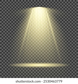 Collection of stage lighting spotlight, scene, stage lighting large collection, projector light effects, bright yellow lighting with spotlights, spot light isolated on transparent background, vector.
