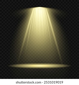 Coleção de holofotes de iluminação de palco, cena, iluminação de palco grande coleção, efeitos de luz do projetor, iluminação amarela brilhante com holofotes, luz spot isolada no fundo transparente, vetor.
