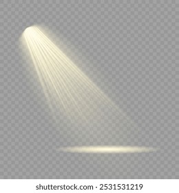 Collection of stage lighting spotlight, scene, stage lighting large collection, projector light effects, bright yellow lighting with spotlights, spot light isolated on transparent background, vector.