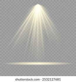 Collection of stage lighting spotlight, scene, stage lighting large collection, projector light effects, bright yellow lighting with spotlights, spot light isolated on transparent background, vector.