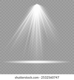 Collection of stage lighting spotlight, scene, stage lighting large collection, projector light effects, bright white lighting with spotlights, spot light isolated on transparent background, vector.