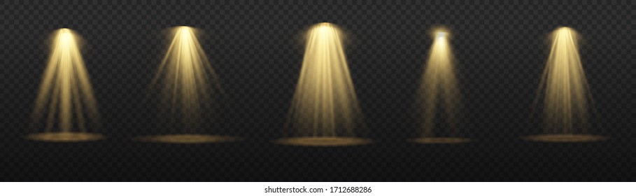Una colección de focos de luz escénica, iluminación brillante con focos, efectos de luz del proyector, escena, luz de punto aislada sobre fondo transparente, iluminación escénica gran colección, vector.
