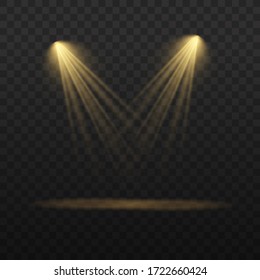 Collection of stage lighting spotlights, bright yellow lighting with spotlights, scene, stage lighting large collection, projector light effects, spot light isolated on transparent background, vector.