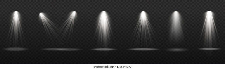 Collection Of Stage Lighting Spotlights, Bright White Lighting With Spotlights, Scene, Spot Light Isolated On Transparent Background, Projector Light Effects, Stage Lighting Large Collection, Vector.