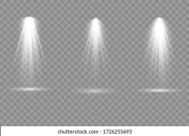 Collection of stage lighting spotlights, bright white lighting with spotlights, scene, spot light isolated on transparent background, projector light effects, stage lighting large collection, vector.