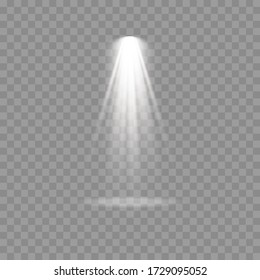 Colección de focos de iluminación escénica, iluminación blanca brillante con focos, escena, luz spot aislada sobre fondo transparente, efectos de luz del proyector, iluminación escénica de gran colección, vector.