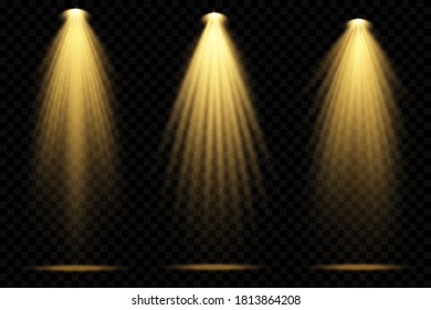A collection of stage lighting spotlights, bright lighting with spotlights, projector light effects, scene, spot light isolated on transparent background, stage lighting large collection, vector.