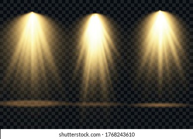 Collection of stage lighting spotlights, scene, stage lighting large collection, bright yellow lighting with spotlights, projector light effects, spot light isolated on transparent background, vector.