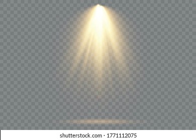 Collection of stage lighting spotlights, scene, stage lighting large collection, bright yellow lighting with spotlights, projector light effects, spot light isolated on transparent background, vector.