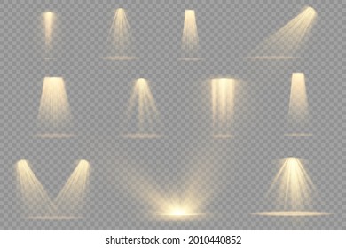 Collection of stage lighting spotlights, scene, stage lighting large collection, projector light effects, bright yellow lighting with spotlights, spot light isolated on transparent background, vector.