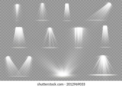 Colección de focos de iluminación escénica, escena, iluminación escénica gran colección, efectos de luz del proyector, iluminación amarillo brillante con focos, luz spot aislada sobre fondo transparente, vector.