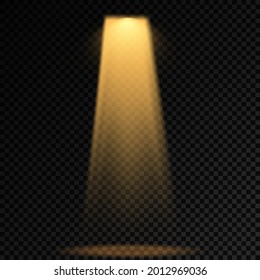 Colección de focos de iluminación escénica, escena, iluminación escénica gran colección, efectos de luz del proyector, iluminación amarillo brillante con focos, luz spot aislada sobre fondo transparente, vector.