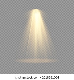 Collection of stage lighting spotlights, scene, stage lighting large collection, projector light effects, bright yellow lighting with spotlights, spot light isolated on transparent background, vector.
