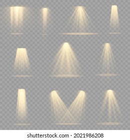 Colección de focos de iluminación escénica, escena, iluminación escénica gran colección, efectos de luz del proyector, iluminación amarillo brillante con focos, luz spot aislada sobre fondo transparente, vector.